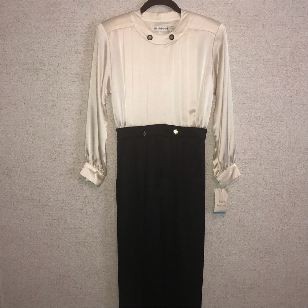 Liz Claiborne Elegant Cream and Black Satin Jumpsuit Vintage Size 4P NWT